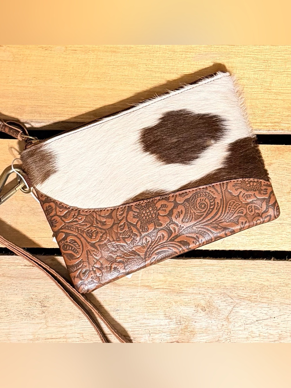 Cowhide & Tooled Leather Crossbody Clutch - White and Brown